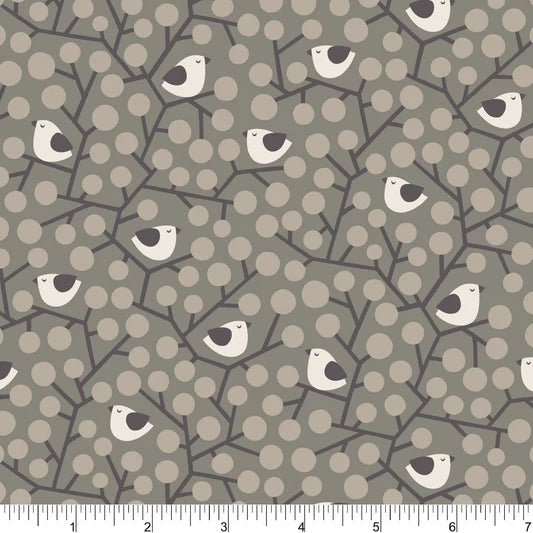 Cozy Forest -Birds on Branches Med. Gray