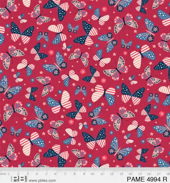 Patchwork Americana Tossed Butterflies Red